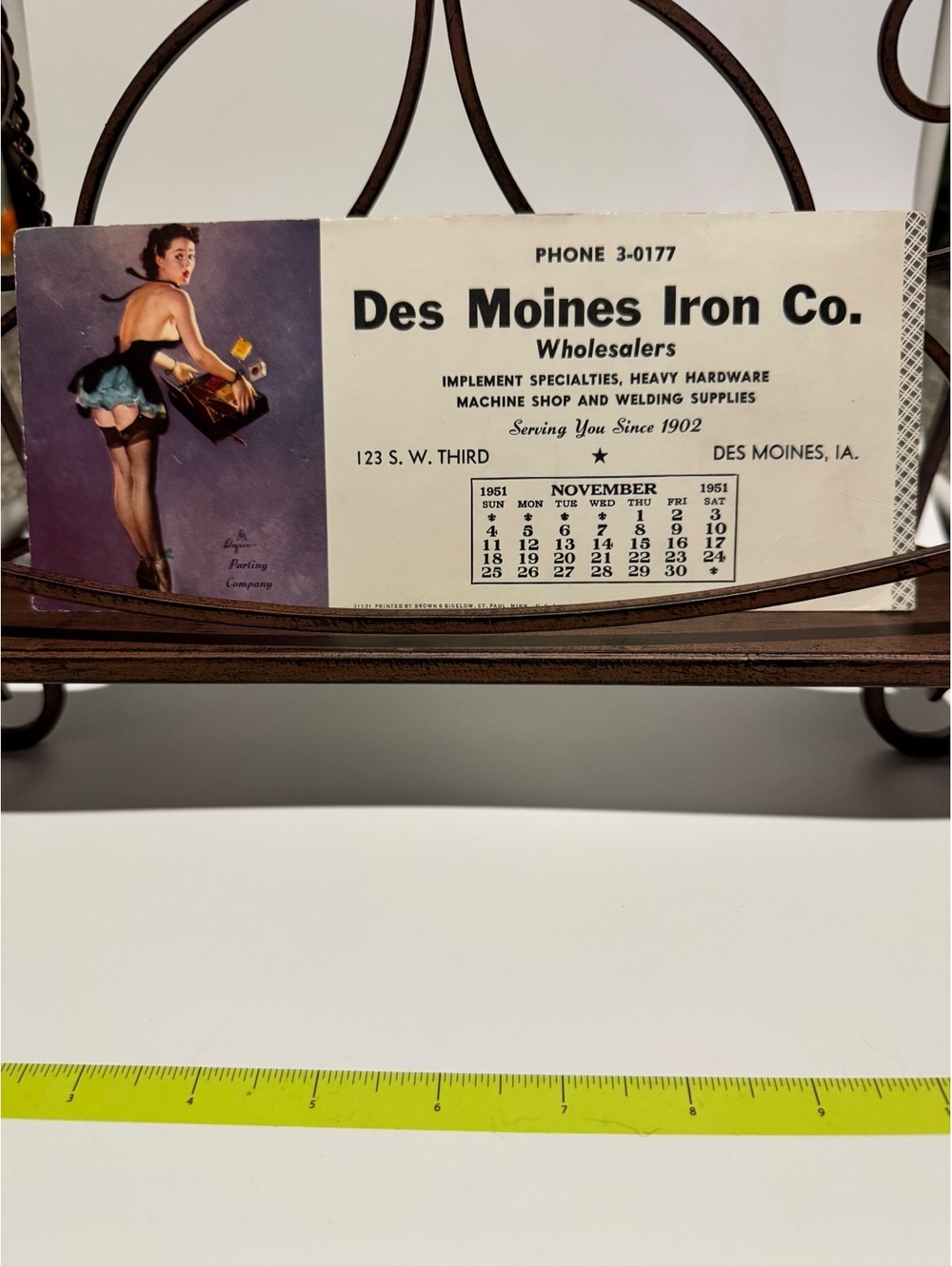 Vintage 1951 Des Moines Iron Co. Advertising Calendar Card with Pin-Up Art